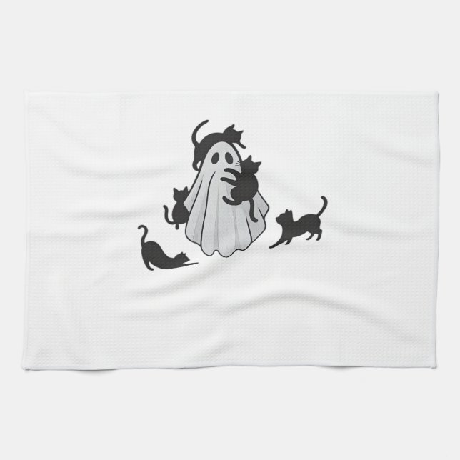 Cute Ghost and Black Cats Classic T-Shirt Tea Towel (Horizontal)