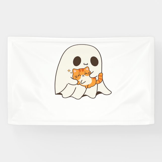 Cute ghost and cat, Gift Halloween Classic T-Shirt Banner (Horizontal)