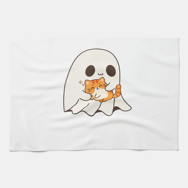 Cute ghost and cat, Gift Halloween Classic T-Shirt Tea Towel (Horizontal)