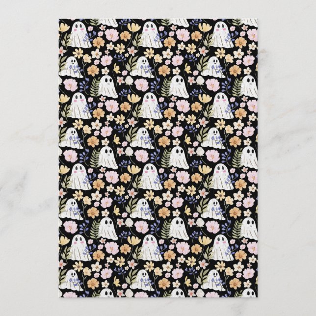 Cute Ghost And Colorful Flowers Seamless Pattern Invitation (Front)