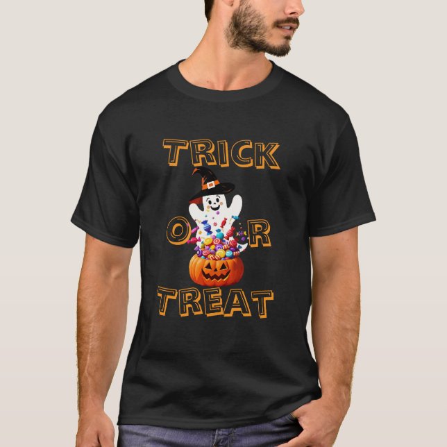 Cute Ghost and Pumpkin Candy Halloween T-Shirt (Front)