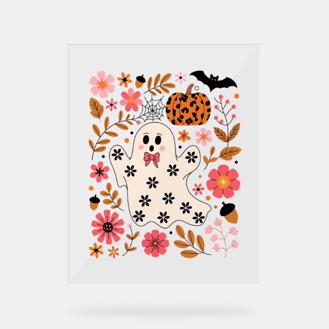 Cute Ghost and Pumpkin Floral Spooky Acrylic Sign (Front)