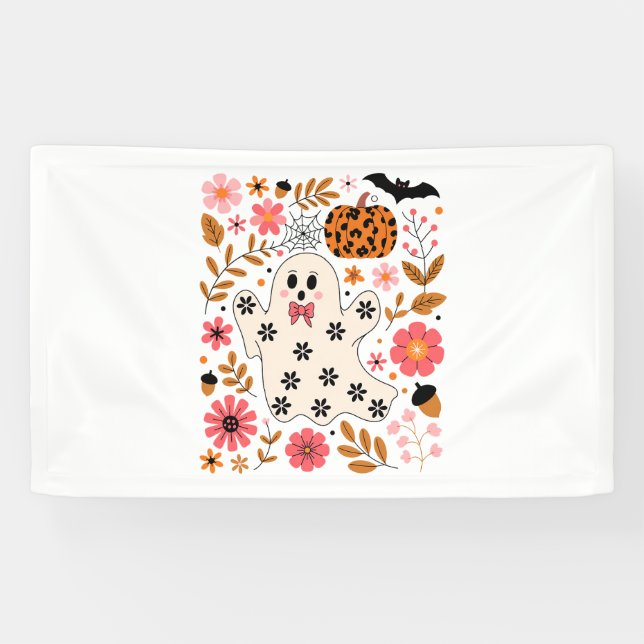 Cute Ghost and Pumpkin Floral Spooky Banner (Horizontal)