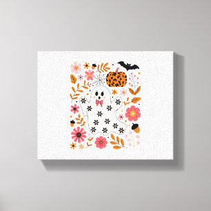 Cute Ghost and Pumpkin Floral Spooky Canvas Print