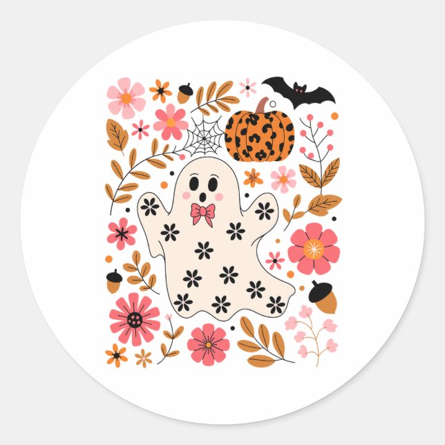 Cute Ghost and Pumpkin Floral Spooky Classic Round Sticker (Front)