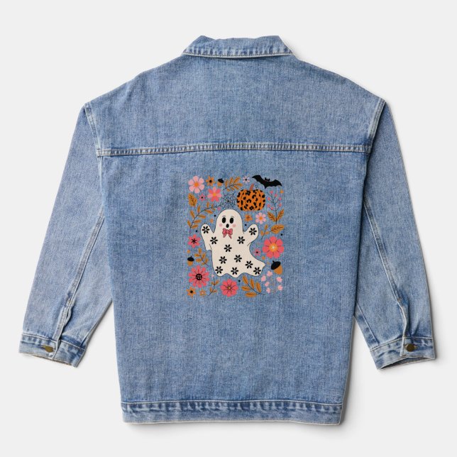 Cute Ghost and Pumpkin Floral Spooky Denim Jacket (Back)