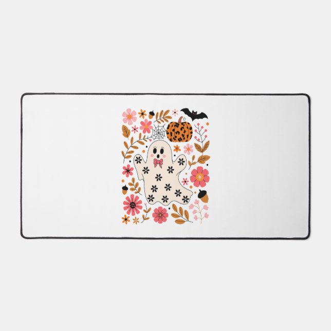 Cute Ghost and Pumpkin Floral Spooky Desk Mat (Front)