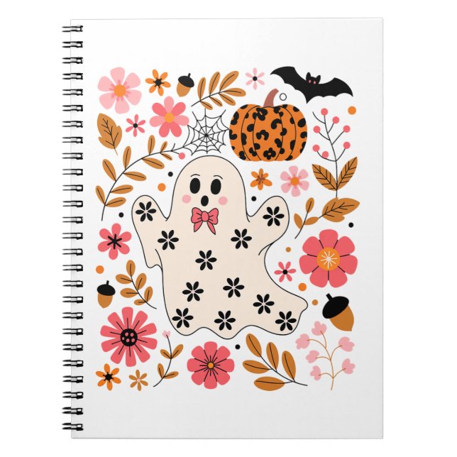 Cute Ghost and Pumpkin Floral Spooky Notebook (Front)
