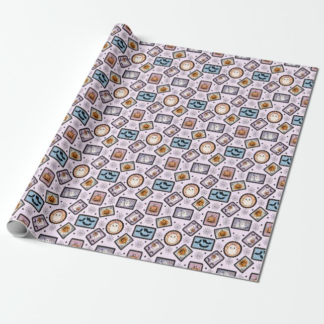 Cute Ghost and Pumpkin Halloween Stamps Pattern Wrapping Paper (Unrolled)