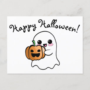 Cute Ghost and Pumpkin Happy Halloween Postcard