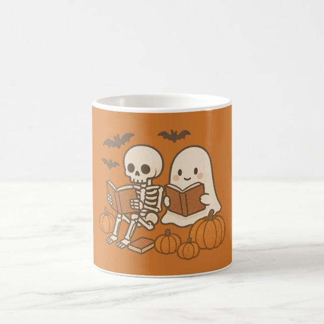 Cute Ghost and Skeleton Reading with Pumpkins Coffee Mug (Center)