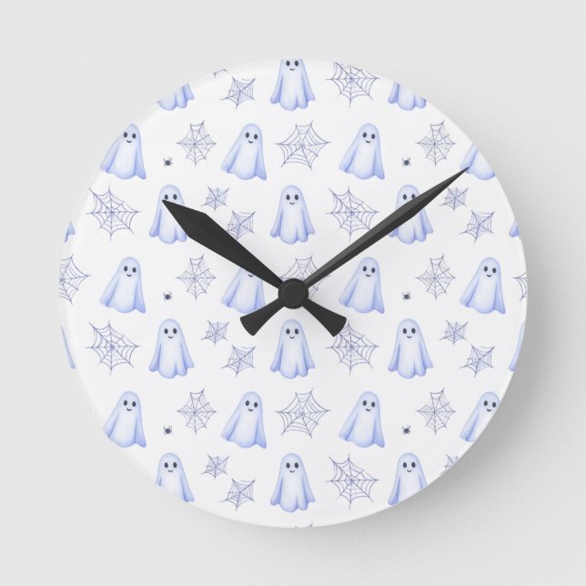 Cute Ghost and Spiderweb Halloween Round Clock (Front)