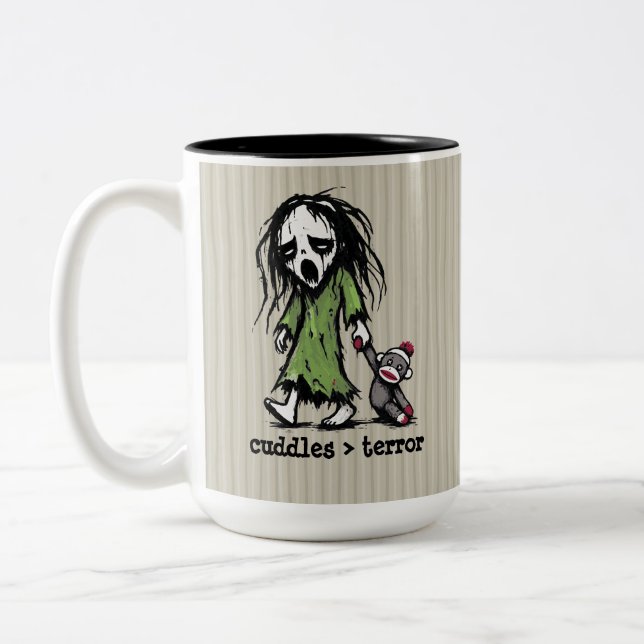Cute Ghost Banshee Sock Monkey Toy Funny Phrase Two-Tone Coffee Mug (Left)