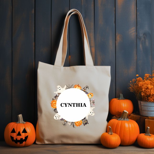 Cute Ghost Bat Cat Halloween Watercolor Wreath Tote Bag (Creator Uploaded)