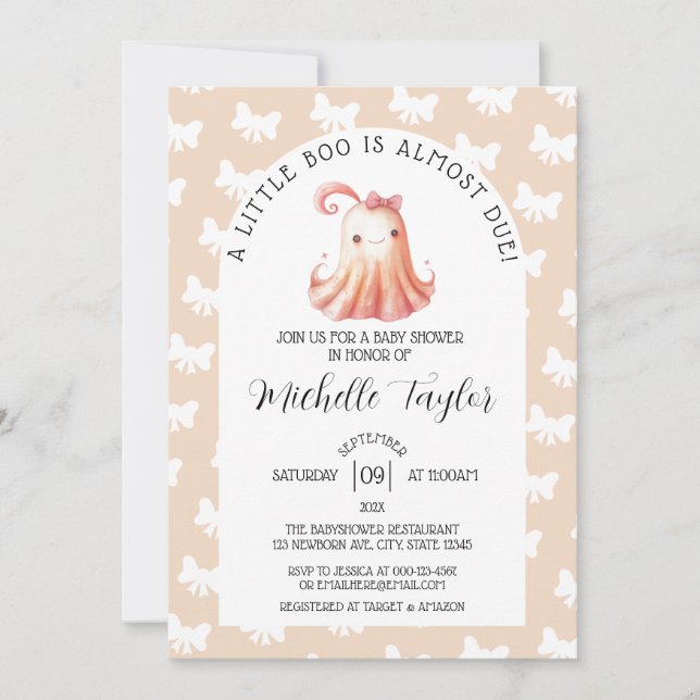 Cute Ghost Bat Little Boo Girl Baby Shower Invitation (Front)