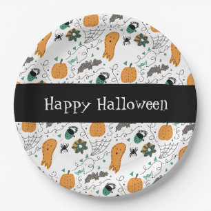 Cute Ghost Bat Pumpkin Happy Halloween Doodles Paper Plate