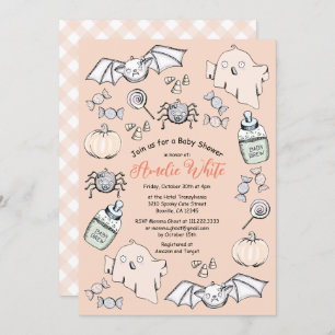Cute Ghost, Bat & Spider Halloween Baby Shower Invitation