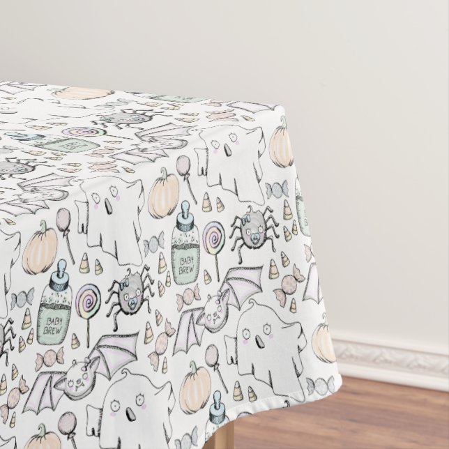 Cute Ghost, Bat & Spider Halloween Baby Shower Tablecloth (In Situ)