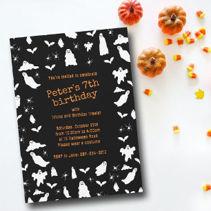 Cute Ghost, Bats & Spiders Halloween Birthday Invitation