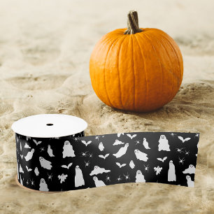 Cute Ghost, Bats & Spiders Halloween Pattern Satin Ribbon