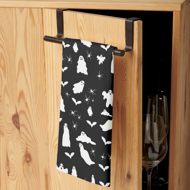 Cute Ghost, Bats & Spiders Halloween Pattern Tea Towel (Thirds Fold)