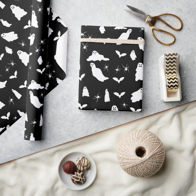 Cute Ghost, Bats & Spiders Halloween Pattern Wrapping Paper (Crafts)