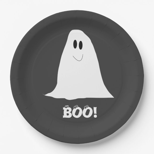 Cute Ghost Black and White Halloween Paper Plate (Front)