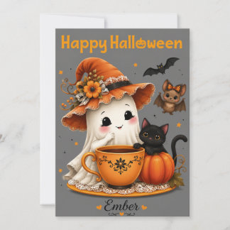 Cute Ghost & Black Cat Halloween Design Invitation