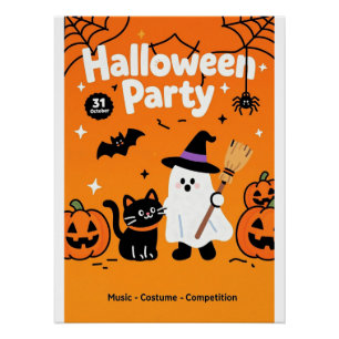 Cute Ghost Black Cat Halloween Party Poster