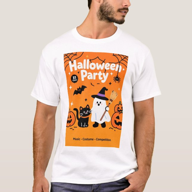 Cute Ghost Black Cat Halloween Party T-Shirt (Front)