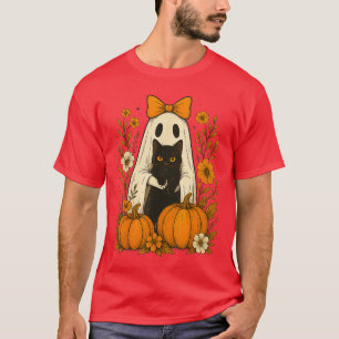 Cute Ghost Black Cat Halloween Pumpkin Groovy Flor T-Shirt