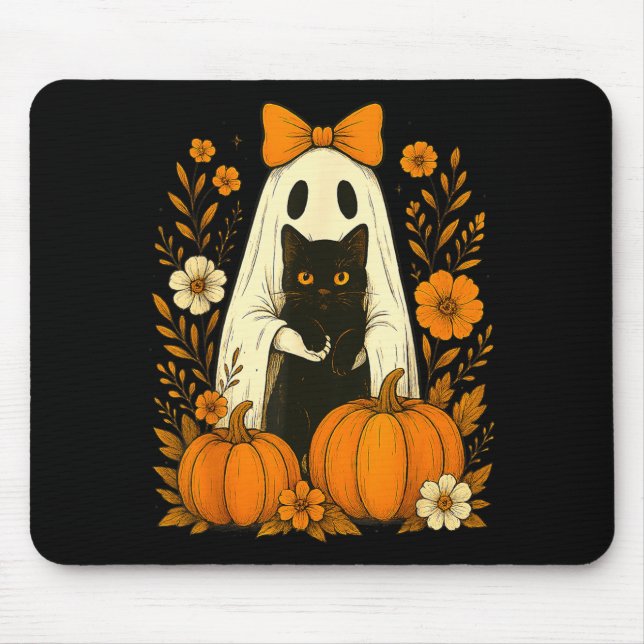 Cute Ghost Black Cat Halloween Pumpkin Groovy Mouse Mat (Front)