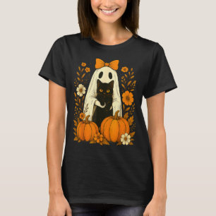 Cute Ghost Black Cat Halloween Pumpkin Groovy T-Shirt