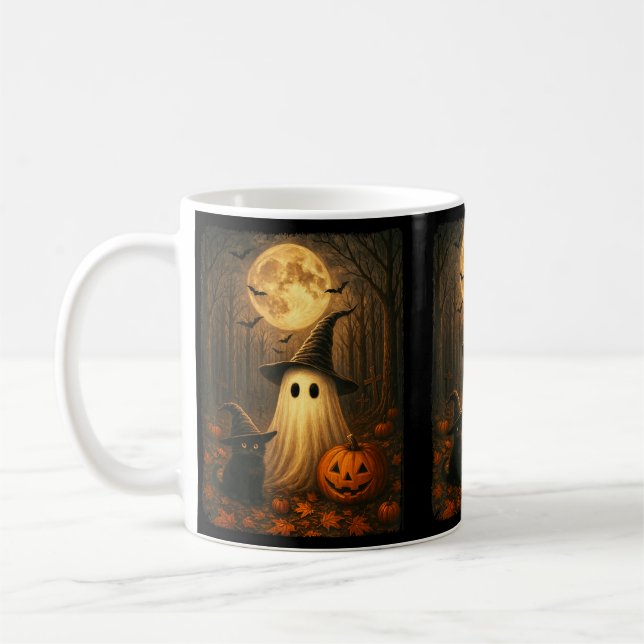 Cute Ghost Black Cat Halloween Witch Pumpkin Dark Coffee Mug (Left)