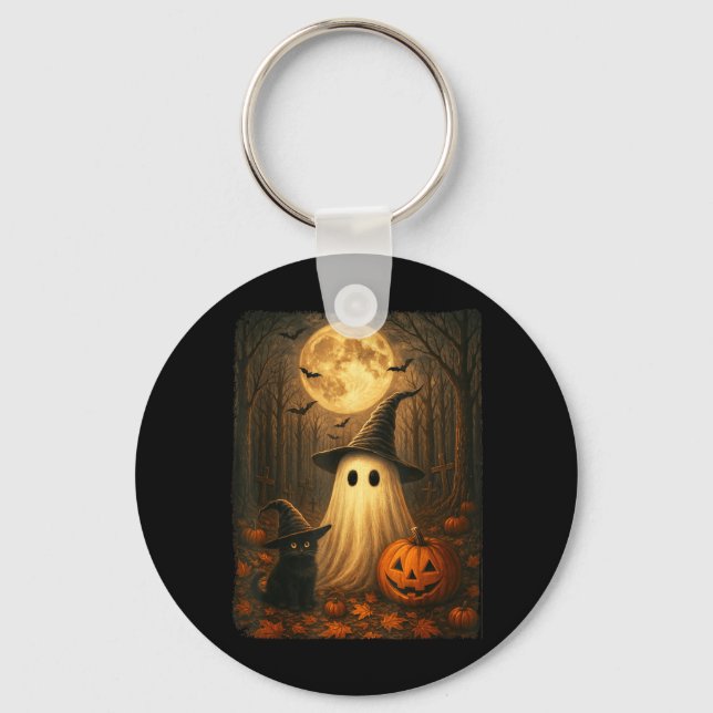 Cute Ghost Black Cat Halloween Witch Pumpkin Dark Key Ring (Front)