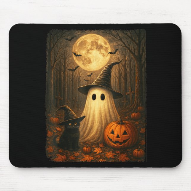 Cute Ghost Black Cat Halloween Witch Pumpkin Dark Mouse Mat (Front)