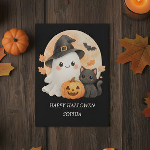 Cute Ghost & Black Cat Happy Halloween Card