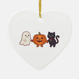 Cute Ghost Black Cat & Jack O Lantern Halloween Ceramic Tree Decoration