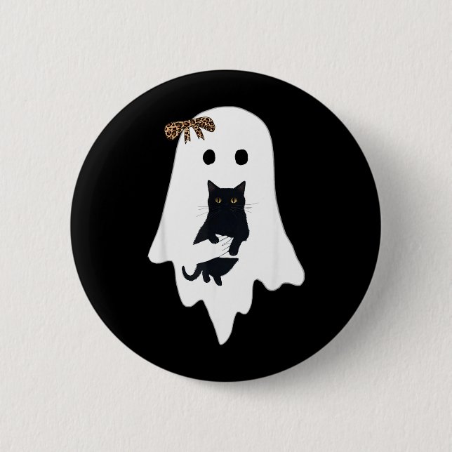 Cute Ghost Black Cat Leopard Bow Funny Spooky 6 Cm Round Badge (Front)