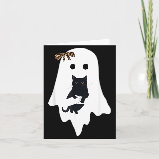 Cute Ghost Black Cat Leopard Bow Funny Spooky Card (Front)