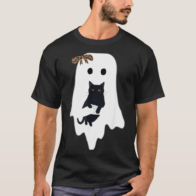 Cute Ghost Black Cat Leopard Bow Funny Spooky T-Shirt (Front)