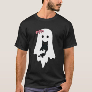 Cute Ghost Black Cat Pink Bow Funny Vintage Spooky T-Shirt