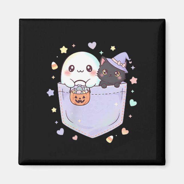 Cute Ghost Black Cat Pocket Halloween Fun Magnet (Front)