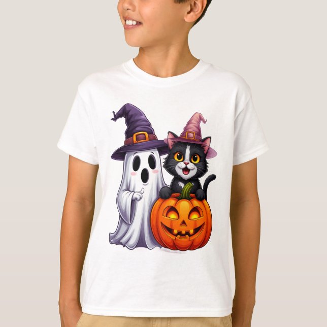 Cute Ghost Black Cat Pumpkin Halloween Tee 🎃 (Front)