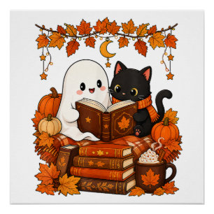 Cute Ghost Black Cat Reading Book Fall Autumn Poster