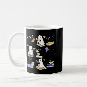 Cute Ghost Black Cat Reading Books Spooky Coffee Mug