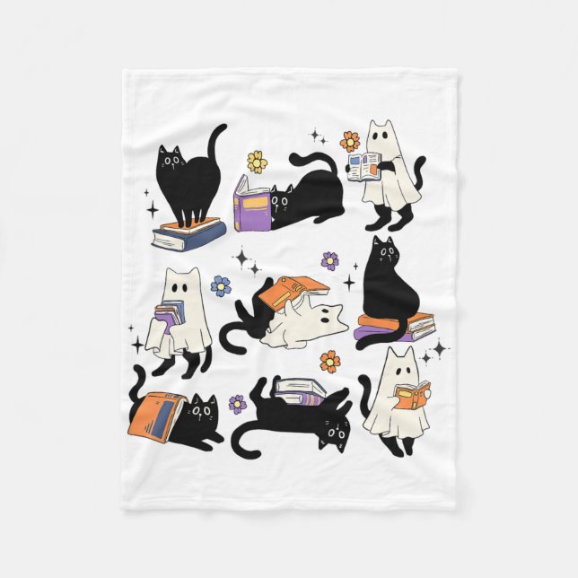 Cute Ghost Black Cat Reading Books Spooky Hallowee Fleece Blanket (Front)