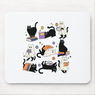 Cute Ghost Black Cat Reading Books Spooky Hallowee Mouse Mat