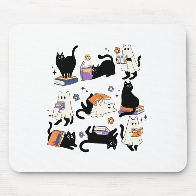 Cute Ghost Black Cat Reading Books Spooky Hallowee Mouse Mat (Front)
