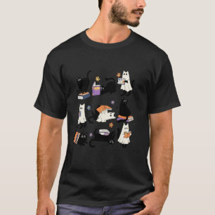 Cute Ghost Black Cat Reading Books Spooky Hallowee T-Shirt
